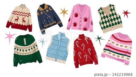 Cozy winter sweater collection with Christmas patterns isolated on white background vector set Cozy winter sweater collection with Christmas patterns isolated on white background vector set 142219968