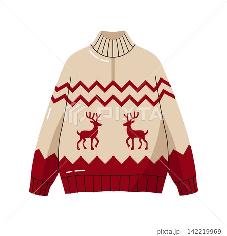 Cozy beige winter sweater with red reindeer and geometric christmas pattern vector clip art 142219969