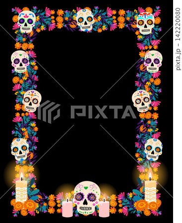 Colorful decorative frame of floral sugar skulls, candles, and a celebratory cake surrounding an empty black center, blending folk art, remembrance, and festive symbolism Colorful decorative frame of floral sugar skulls, candles, and a celebratory cake surrounding an empty black center, blending folk art, remembrance, and festive symbolism 142220080