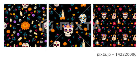 Colorful seamless folk art style pattern with decorated sugar skulls, marigold flowers, candles, guitars, hearts and Dia de Los Muertos holiday motifs scattered across a black background. Colorful seamless folk art style pattern with decorated sugar skulls, marigold flowers, candles, guitars, hearts and Dia de Los Muertos holiday motifs scattered across a black background. 142220086