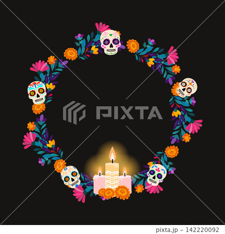 Colorful Floral Wreath with Skulls and Candles Celebrating Life and Remembrance in a Creative Artistic Design Colorful Floral Wreath with Skulls and Candles Celebrating Life and Remembrance in a Creative Artistic Design 142220092