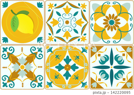 A Colorful Collection of Decorative Tile Patterns Featuring Lemons and Floral Motifs in Vibrant Yellow and Teal Hues A Colorful Collection of Decorative Tile Patterns Featuring Lemons and Floral Motifs in Vibrant Yellow and Teal Hues 142220095