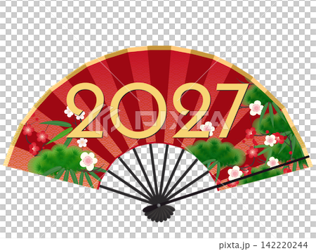 紅色的扇子和“未”字的插圖——新年賀詞插圖 142220244