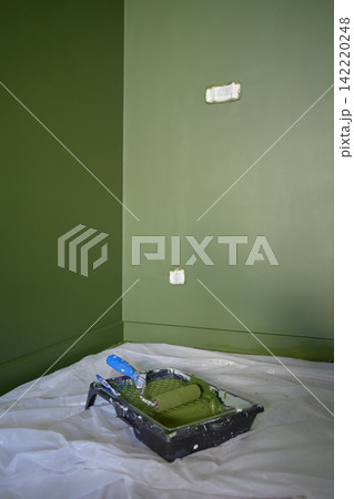 Green painted walls with paint roller and tray on protective floor covering Green painted walls with paint roller and tray on protective floor covering 142220248