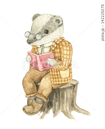 Watercolor badger reading a book while sitting on a tree stump. Hand painted vintage woodland animal illustration for nursery decor, children's books, invitations, cards and fabric. Autumn Fairytale Watercolor badger reading a book while sitting on a tree stump. Hand painted vintage woodland animal illustration for nursery decor, children's books, invitations, cards and fabric. Autumn Fairytale 142220278