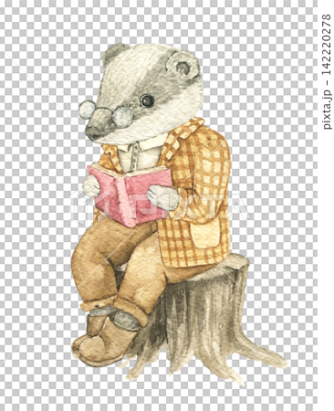 Watercolor badger reading a book while sitting on a tree stump. Hand painted vintage woodland animal illustration for nursery decor, children's books, invitations, cards and fabric. Autumn Fairytale Watercolor badger reading a book while sitting on a tree stump. Hand painted vintage woodland animal illustration for nursery decor, children's books, invitations, cards and fabric. Autumn Fairytale 142220278