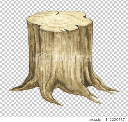 Watercolor tree stump. Hand painted vintage woodland illustration for fairy tale scenes, storybook artwork, forest landscapes, nursery decor and clip art collections. 142220287