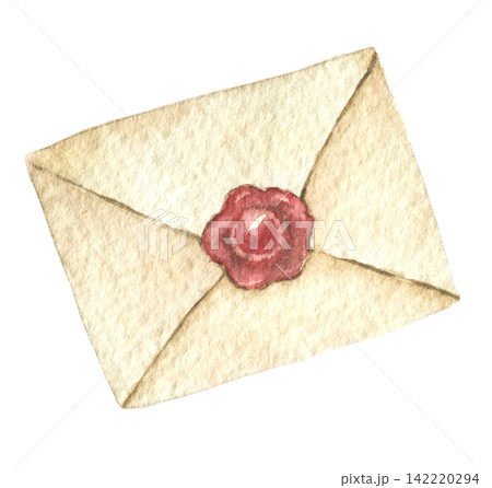 Watercolor sealed letter envelop with wax stamp. Hand painted vintage illustration for fairy tale scenes, storybook pages, woodland adventures, nursery art and autumn clip art collections. Watercolor sealed letter envelop with wax stamp. Hand painted vintage illustration for fairy tale scenes, storybook pages, woodland adventures, nursery art and autumn clip art collections. 142220294