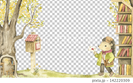 Hedgehog postman beside a woodland bookshelf and mailbox. Watercolor hand painted frame for nursery decor, story illustrations and greeting card projects. 142220309