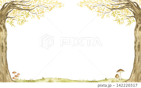 Two old woodland trees with mushrooms and grassy meadow. Watercolor hand painted frame for nursery decor, greeting cards and nature themed projects. 142220317