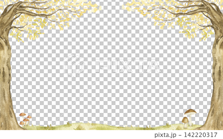 Two old woodland trees with mushrooms and grassy meadow. Watercolor hand painted frame for nursery decor, greeting cards and nature themed projects. 142220317
