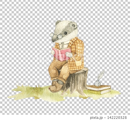 Cute badger reading a book while sitting on a tree stump. Watercolor hand painted woodland composition for nursery decor, story illustrations and reading themed projects. Cute badger reading a book while sitting on a tree stump. Watercolor hand painted woodland composition for nursery decor, story illustrations and reading themed projects. 142220328