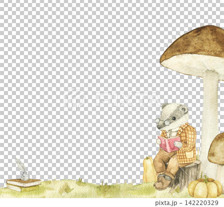 Reading badger with harvest pumpkins beside woodland mushrooms. Watercolor hand painted frame for nursery decor, story illustrations and autumn themed projects. Reading badger with harvest pumpkins beside woodland mushrooms. Watercolor hand painted frame for nursery decor, story illustrations and autumn themed projects. 142220329