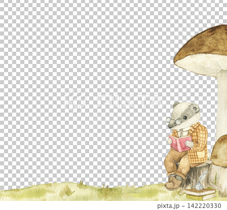 Reading badger beside woodland mushrooms. Watercolor hand painted frame for nursery decor, story illustrations, greeting cards and forest themed projects. Reading badger beside woodland mushrooms. Watercolor hand painted frame for nursery decor, story illustrations, greeting cards and forest themed projects. 142220330
