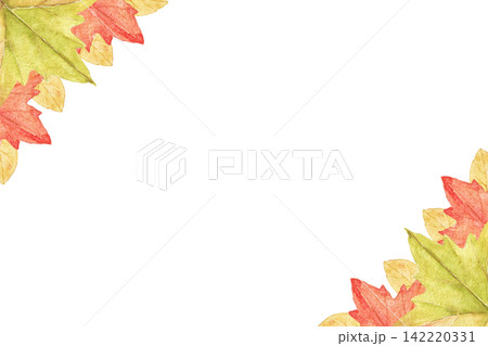 Colorful maple leaves arranged in opposite corners. Watercolor hand painted autumn frame for greeting cards, invitations, stationery and seasonal projects. Colorful maple leaves arranged in opposite corners. Watercolor hand painted autumn frame for greeting cards, invitations, stationery and seasonal projects. 142220331