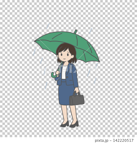 雨の中、緑の傘をさす笑顔の女性社員 雨の中、緑の傘をさす笑顔の女性社員 142220517