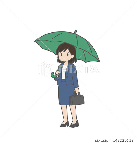 緑の傘をさす笑顔の女性社員 緑の傘をさす笑顔の女性社員 142220518