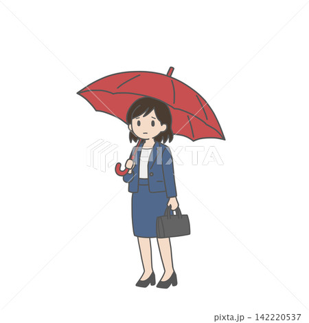 赤い傘をさす無表情の女性社員 赤い傘をさす無表情の女性社員 142220537