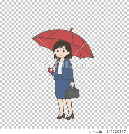赤い傘をさす無表情の女性社員 赤い傘をさす無表情の女性社員 142220537