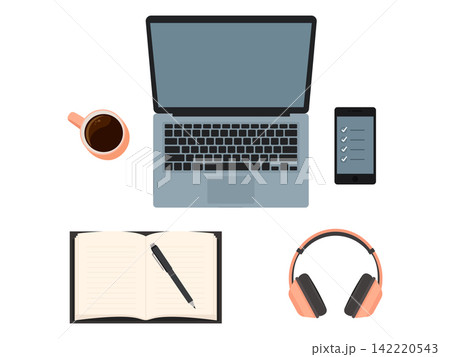 Top view laptop desk workspace headphone 142220543
