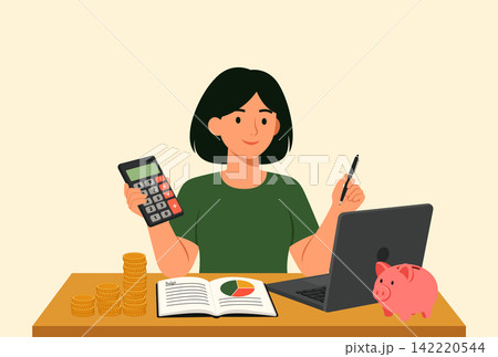 Woman budget laptop piggy bank calculator Woman budget laptop piggy bank calculator 142220544