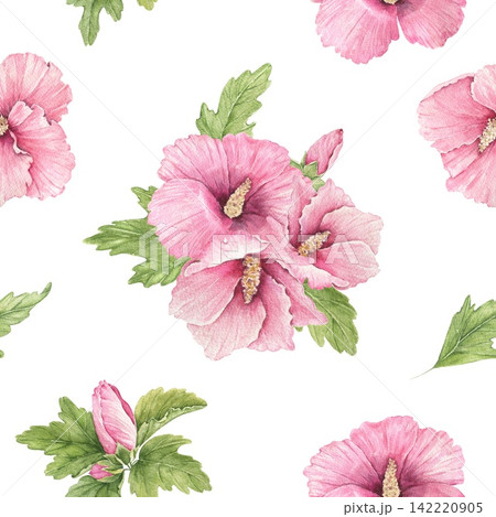 Seamless watercolor pattern with pink hibiscus flowers, buds and green leaves in scattered arrangements, an illustration for stationery, wrapping, cards, invitations and summer decor. Seamless watercolor pattern with pink hibiscus flowers, buds and green leaves in scattered arrangements, an illustration for stationery, wrapping, cards, invitations and summer decor. 142220905