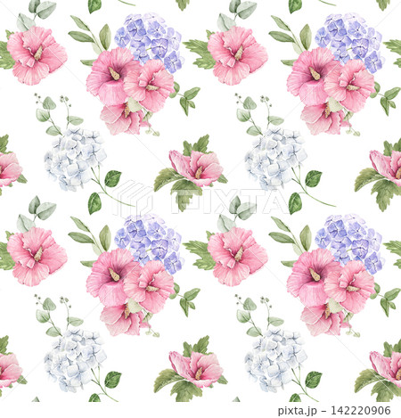 Seamless watercolor floral pattern with pink hibiscus, blue hydrangeas and green leaves, an illustration for stationery, wrapping, packaging, invitations, cards, wedding materials and summer projects. Seamless watercolor floral pattern with pink hibiscus, blue hydrangeas and green leaves, an illustration for stationery, wrapping, packaging, invitations, cards, wedding materials and summer projects. 142220906