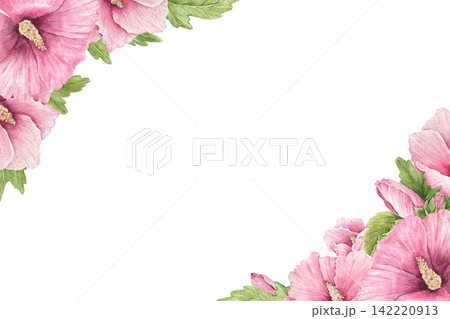 Watercolor hibiscus corner frame with pink flowers and green leaves, an illustration for wedding invitations, greeting cards, stationery, menus, posters, packaging and summer decor. 142220913