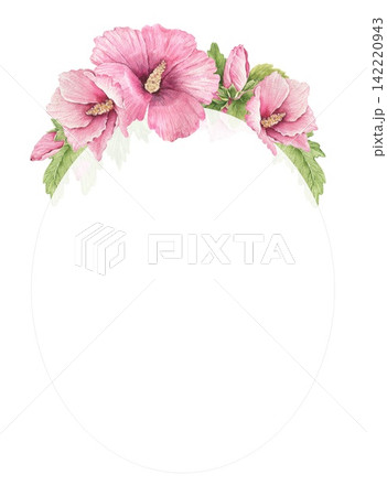 Watercolor oval frame with pink hibiscus flowers arranged along the upper edge and green leaves, an illustration for wedding invitations, cards, stationery, menus, posters and decor. Watercolor oval frame with pink hibiscus flowers arranged along the upper edge and green leaves, an illustration for wedding invitations, cards, stationery, menus, posters and decor. 142220943