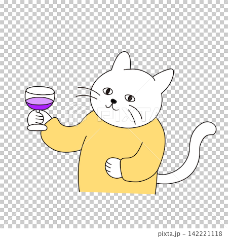 一隻可愛的貓咪拿著酒杯（線條描圖） 142221118