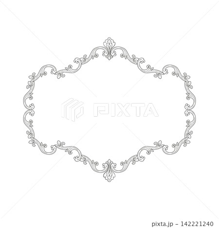 Ornate vintage wreath frame with rich hand drawn floral scrollwork isolated on white. Decorative vector border for monograms, crests, wedding stationery, luxury branding, labels and elegant packaging 142221240