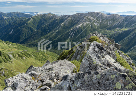 北アルプス 水晶岳山頂からの眺め 野口五郎岳、烏帽子岳 北アルプス 水晶岳山頂からの眺め 野口五郎岳、烏帽子岳 142221723