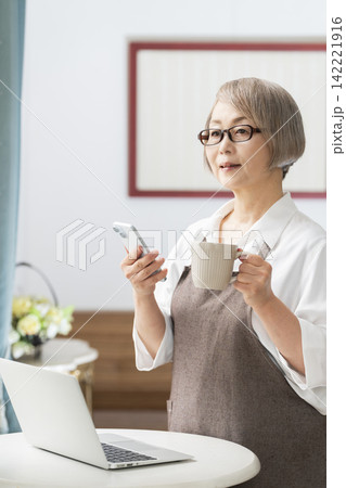 リビングの窓辺でノートパソコンを使うシニア女性 リビングの窓辺でノートパソコンを使うシニア女性 142221916