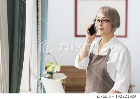 リビングの窓辺でノートパソコンを使うシニア女性 リビングの窓辺でノートパソコンを使うシニア女性 142221924