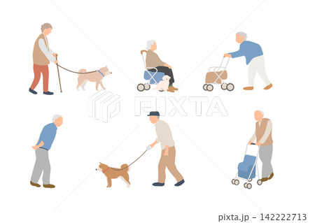 犬と暮らす高齢者の外出人物イラストセット 犬と暮らす高齢者の外出人物イラストセット 142222713
