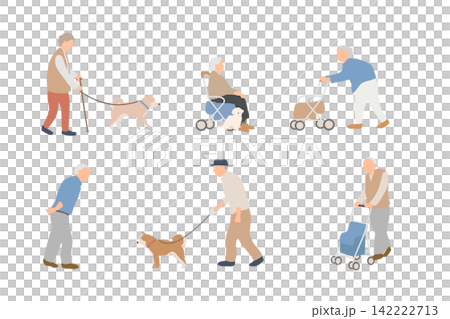 犬と暮らす高齢者の外出人物イラストセット 犬と暮らす高齢者の外出人物イラストセット 142222713