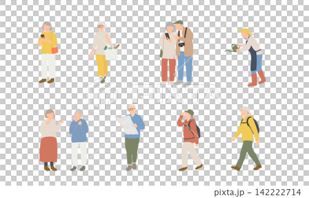 元気なシニアの日常生活と趣味・外出の人物イラストセット 元気なシニアの日常生活と趣味・外出の人物イラストセット 142222714
