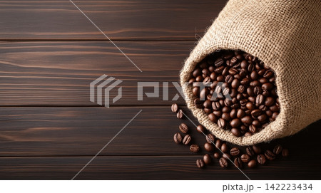 Eco Friendly Packaged Roasted Coffee Beans on Rustic Wooden Background Eco Friendly Packaged Roasted Coffee Beans on Rustic Wooden Background 142223434