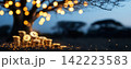 Glowing Financial Symbols Hanging from Ethereal Baobab Tree in Desert Landscape 142223583