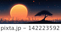 Futuristic Cityscape with Baobab Tree Silhouette at Dramatic Sunset 142223592