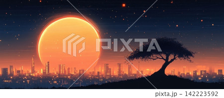 Futuristic Cityscape with Baobab Tree Silhouette at Dramatic Sunset Futuristic Cityscape with Baobab Tree Silhouette at Dramatic Sunset 142223592