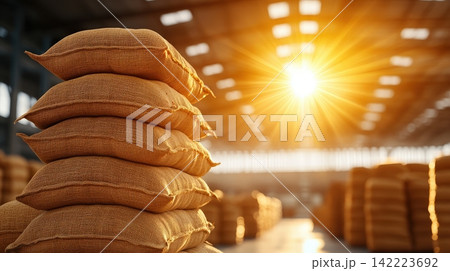 Stacked Rice Sacks in a Sunlit Warehouse Interior Stacked Rice Sacks in a Sunlit Warehouse Interior 142223692