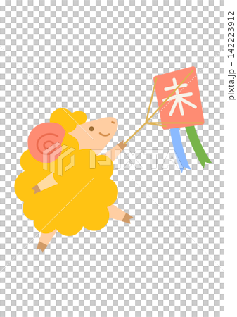 A New Year's card illustration of colorful sheep flying a kite. A New Year's card illustration of colorful sheep flying a kite. 142223912