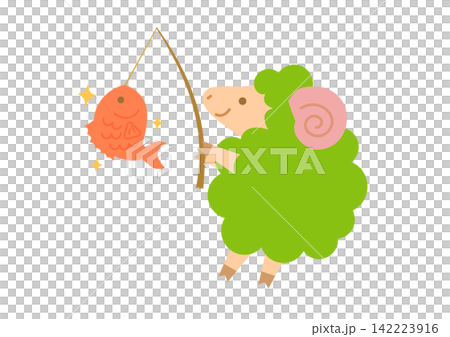 一張新年賀卡插圖,描繪了一隻色彩斑斕的綿羊在捕獲一條鯛魚後歡欣雀躍的場景。 一張新年賀卡插圖,描繪了一隻色彩斑斕的綿羊在捕獲一條鯛魚後歡欣雀躍的場景。 142223916