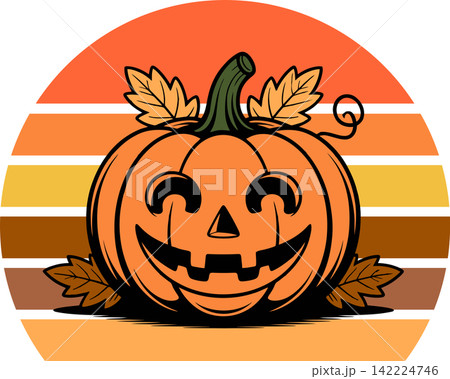 Halloween Pumpkin with Autumn Leaves Retro Sunset Illustration Halloween Pumpkin with Autumn Leaves Retro Sunset Illustration 142224746
