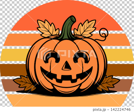 Halloween Pumpkin with Autumn Leaves Retro Sunset Illustration Halloween Pumpkin with Autumn Leaves Retro Sunset Illustration 142224746