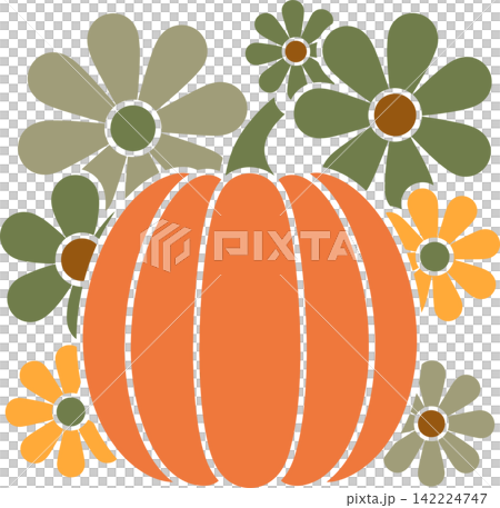 Autumn Pumpkin with Flowers Seasonal Illustration Autumn Pumpkin with Flowers Seasonal Illustration 142224747