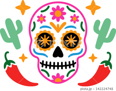 Colorful Sugar Skull with Cactus and Chili Peppers Illustration 142224748