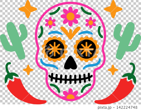 Colorful Sugar Skull with Cactus and Chili Peppers Illustration Colorful Sugar Skull with Cactus and Chili Peppers Illustration 142224748
