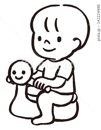 おまるでトイレトレーニングをする男の子の線画イラスト|幼児の排泄習慣・育児・幼児教育 おまるでトイレトレーニングをする男の子の線画イラスト|幼児の排泄習慣・育児・幼児教育 142224986